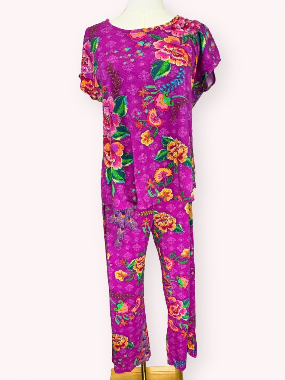 Johnny Was The Bobbie Crop Pajama Set Pink Floral Peacock Small EXCELLENT